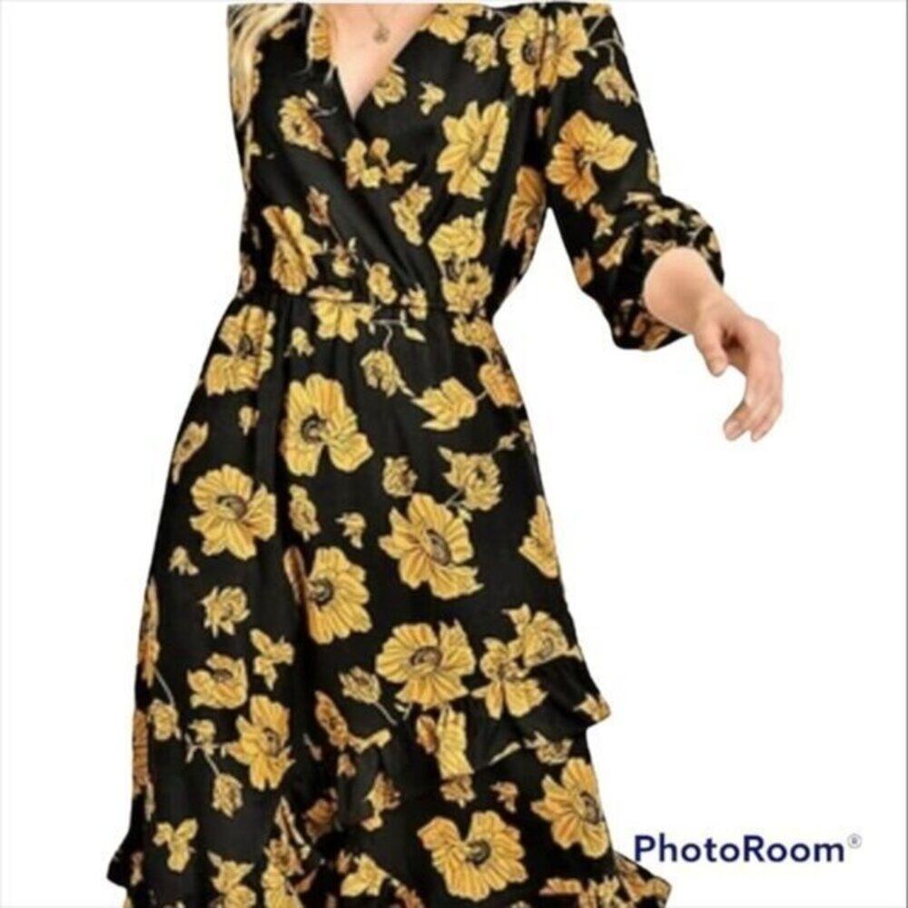 Reset by Jane Black Yellow Gold Floral Ruffle Dress Size Medium